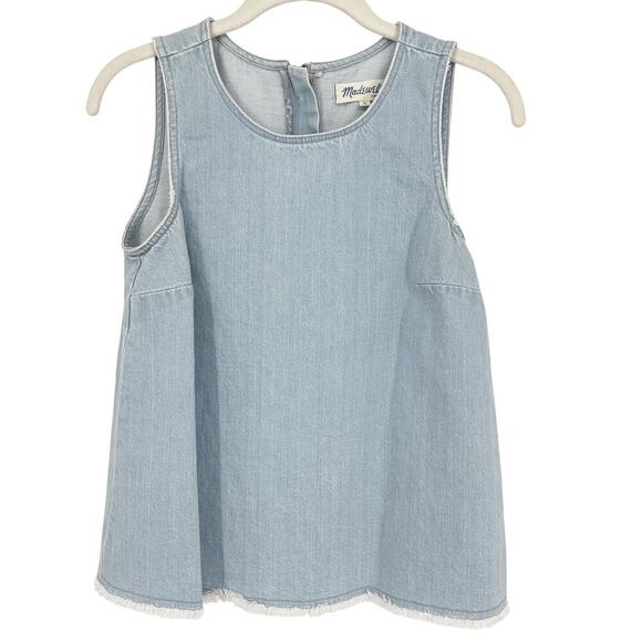 Madewell Split Back Denim Raw Hem Tank Top Light Blue Short Sleeve Size Small - Picture 3 of 8